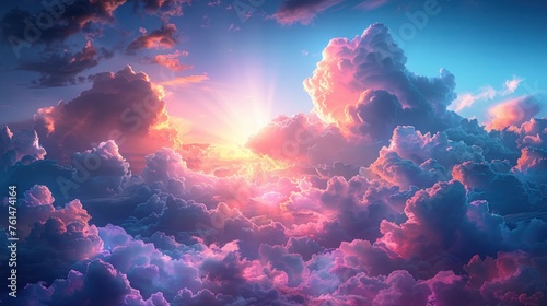 Sky with many abstract mesmerizing clouds with penetrating rays of sunlight. Abstract futuristic landscape of colorful clouds and dreams