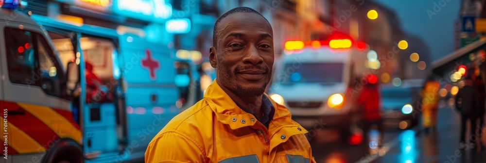A black doctor on background of ambulance, responding urgently to provide medical assistance to those in need. A black doctor on background of ambulance, responding urgently to provide medical assistance to those in need.