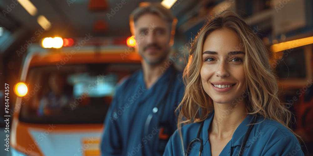 A team of smiling emergency healthcare professionals, including female doctor.