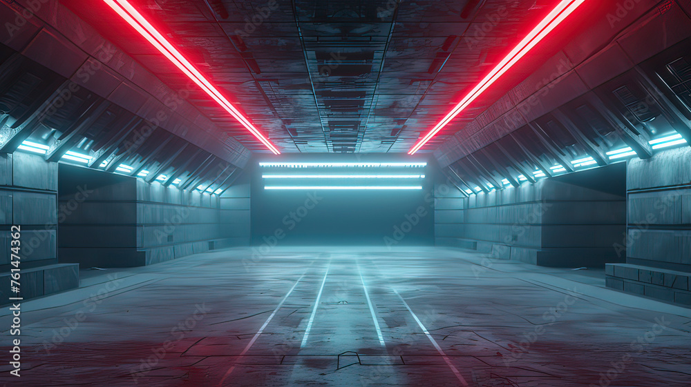 Neon glowing concrete underground hangar. AI technology generated image