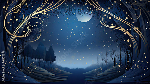 Mesmerizing vector art illustration: Moonlit night, crescent moon casts soft glow, star-studded sky, celestial arch twinkles, ethereal ambiance