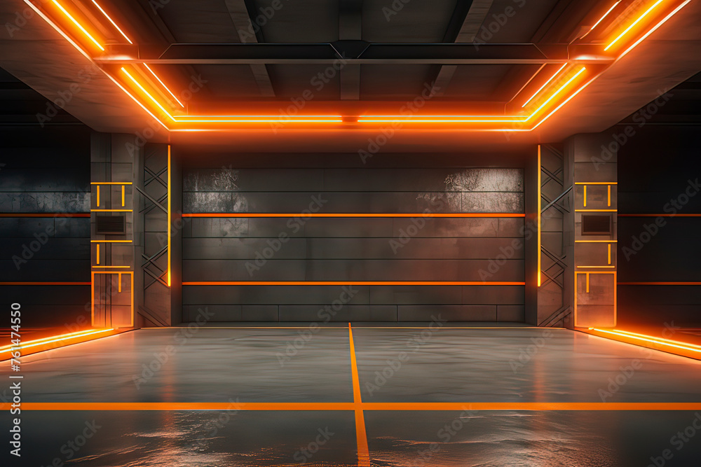 Neon glowing concrete underground hangar. AI technology generated image
