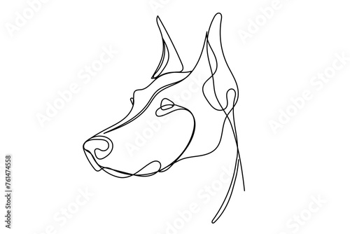 Line Art Doberman Face. Doodle One Line Drawn Doberman Dog Portrait. Black Curve Editable Line  Sketch Silhouette Isolated On White background. Brave Domestic Guardian Pet Dog Symbol 