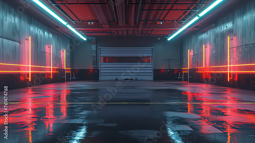 Neon glowing concrete underground hangar. AI technology generated image © onlyyouqj