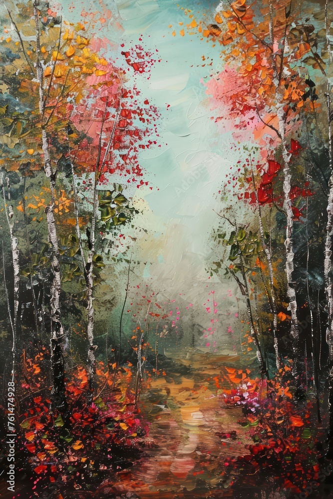 This captivating image depicts a richly painted forest in autumn, bursting with bold reds, oranges, and yellows amidst a serene path