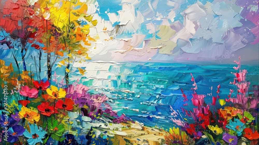 A stunningly vibrant oil painting depicting a lush floral landscape with a plethora of colors and thick impasto technique, giving a sense of movement and life