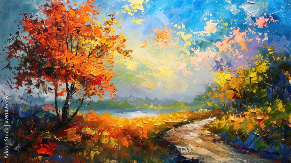 Vibrant oil painting depicting a pathway through an autumnal forest with vivid leaves and a serene lake backdrop Represents change and nature's beauty