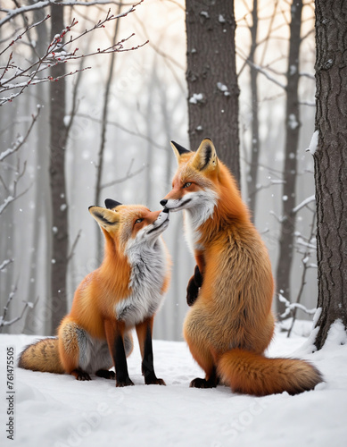 Two red foxes in winter snowy forest illustration background