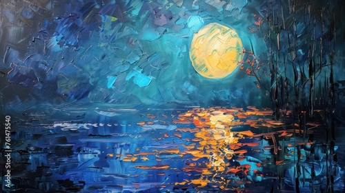 A vivid and textural painting depicting a night scene with a radiant moon reflecting off a body of water, surrounded by dark silhouettes of trees photo