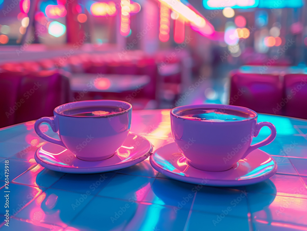 Two cups of coffee sit on a vibrant neon-lit table in a nostalgic retro diner setting Two cups of coffee sit on a vibrant neon-lit table in a nostalgic retro diner setting