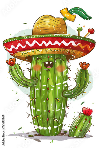 Happy cartoon cactus wearing a sombrero and dancing, colorful Mexican-themed pot, festive and cheerful illustration. © mashimara