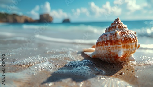 Seashell on the beach. Sea shell on the sand closeup. Closeup of a seashell on a sandy beach in tropical location. Salt water seashell