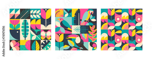 Set of three vector summer seamless patterns assembled from squares with natural elements  birds  flowers and geometric ornaments.