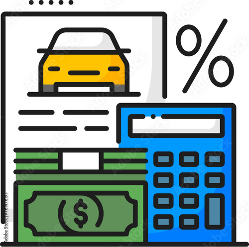 Car loan line icon for dealership and auto buy or vehicle sales dealer, outline vector. Used cars and new auto buy loans and credits for purchase, color line symbol of money, percent and calculator