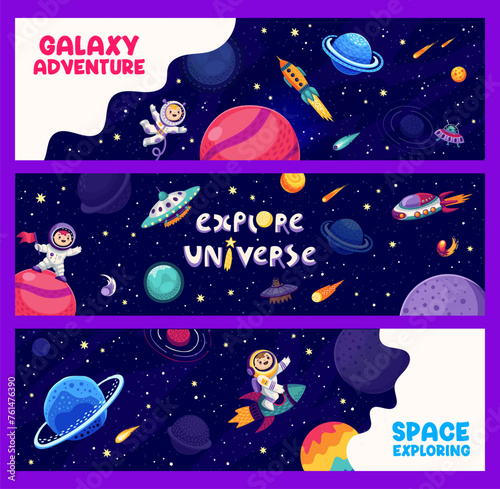 Fototapeta Naklejka Na Ścianę i Meble -  Kid astronauts banners. Space adventure, astronomy research or galaxy discovery cartoon vector background. Cosmos travel posters or banners with child cosmonaut character, rockets and space planets