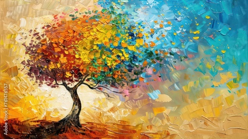 Fototapeta Naklejka Na Ścianę i Meble -  Vibrant and textured oil painting featuring a tree with multicolored leaves, symbolizing the change of seasons and the beauty of nature