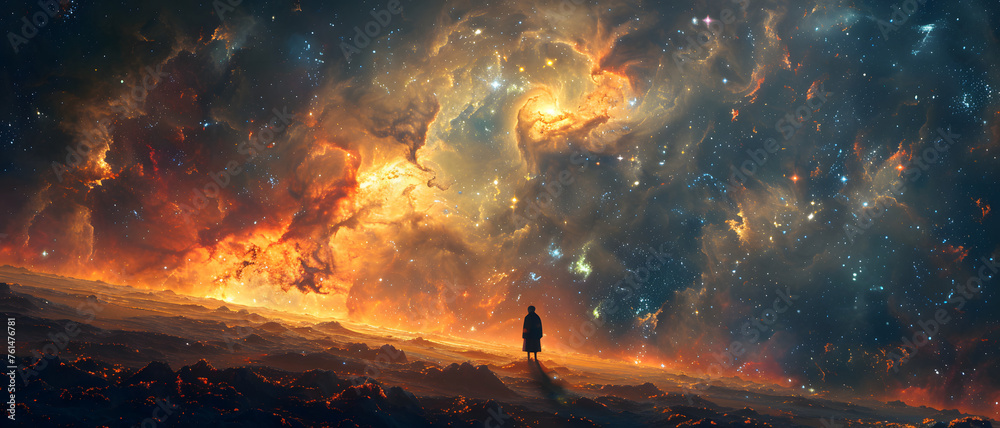 A lone silhouette stares into the vastness of a cosmic scene, reflecting on the boundless universe's mysteries and beauty - obrazy, fototapety, plakaty 