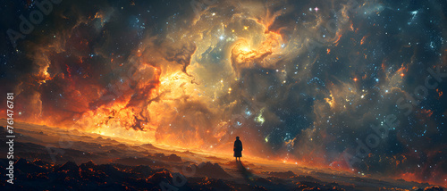 A lone silhouette stares into the vastness of a cosmic scene, reflecting on the boundless universe's mysteries and beauty photo
