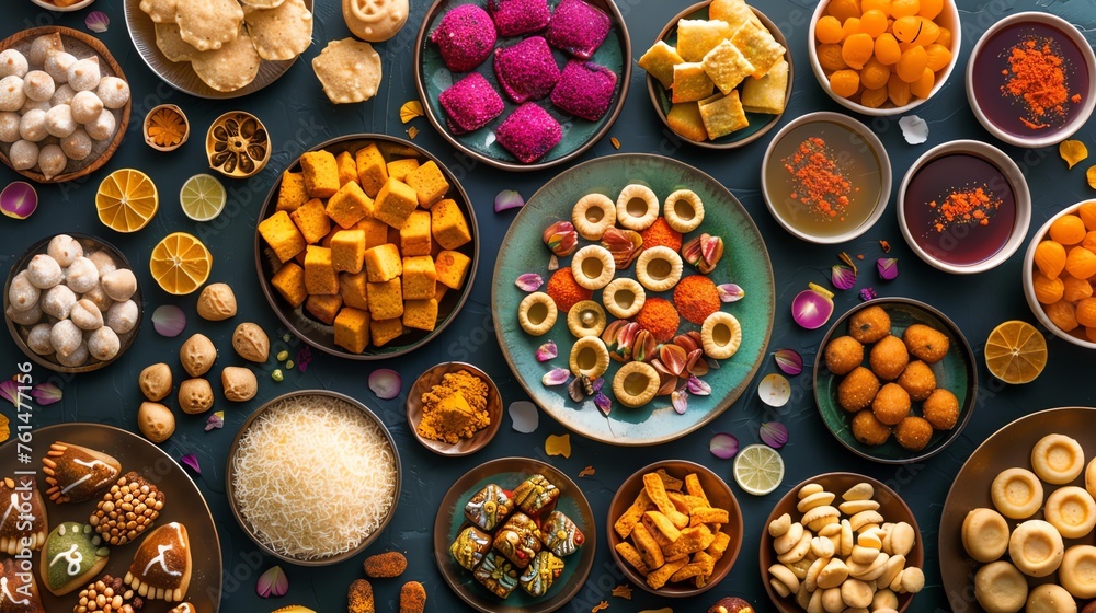 Flat lay of Diwali sweets and snacks colorful arrangement on a festive background minimal shadows