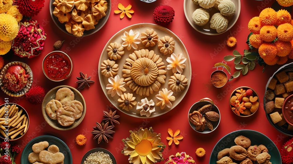 Flat lay of Diwali sweets and snacks colorful arrangement on a festive background minimal shadows