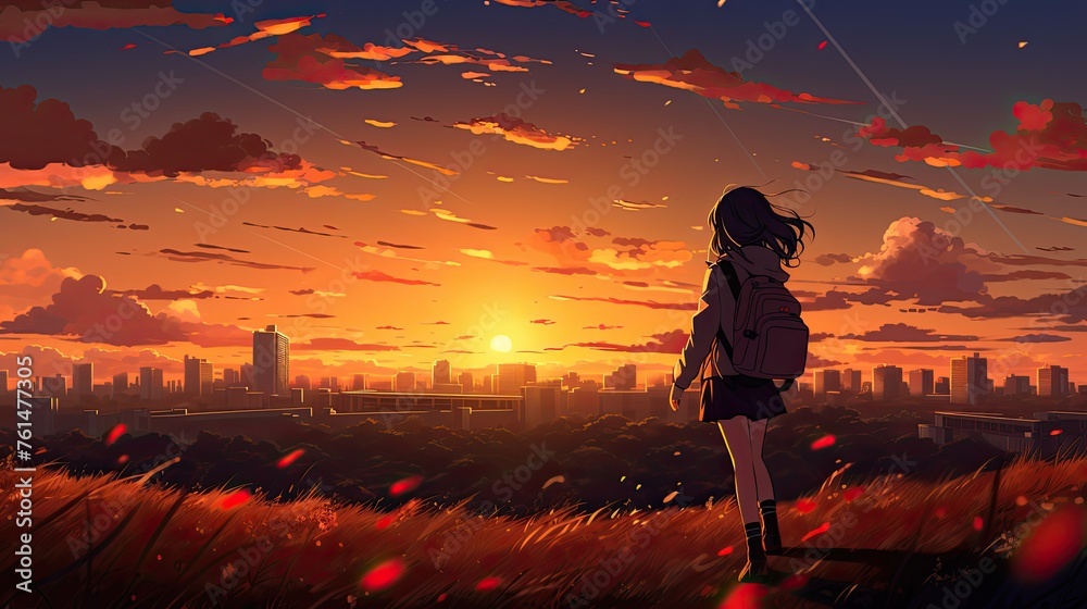 illustration of a school girl standing on the grass looking at the city with a sunset, anime scene