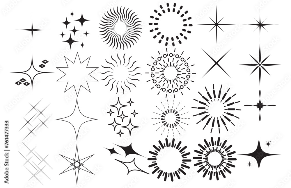 Set of Clean shining icons. Sparkle Sign. Star icons. Twinkling stars. Sparkles, shining burst. sparkle silhouette. Star emojis. Twinkle star shapes vector