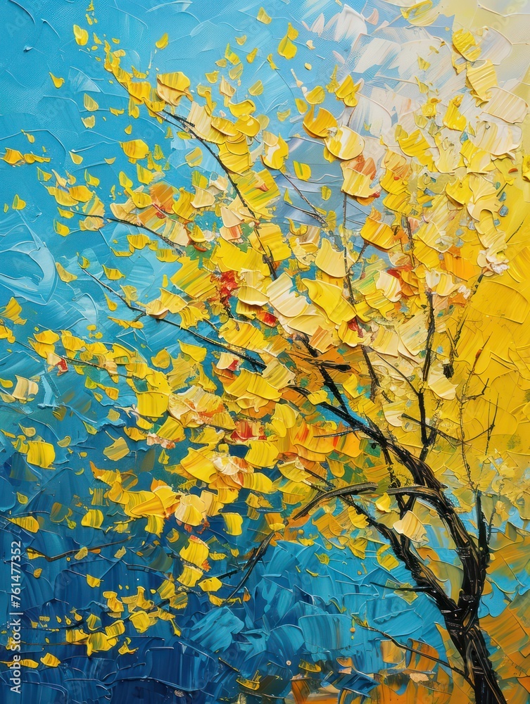 This captivating image showcases a tree with bright yellow and orange leaves against a textured blue sky, embodying the essence of fall and artistic expression This captivating image showcases a tree with bright yellow and orange leaves against a textured blue sky, embodying the essence of fall and artistic expression