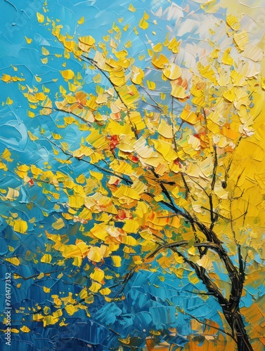 This captivating image showcases a tree with bright yellow and orange leaves against a textured blue sky, embodying the essence of fall and artistic expression
