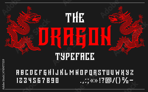 Asian medieval font, Japanese or Chinese type, fantasy typeface, oriental alphabet. Vector ancient style abc characters. mystery dragon typography, red and white uppercase letters, numbers and signs