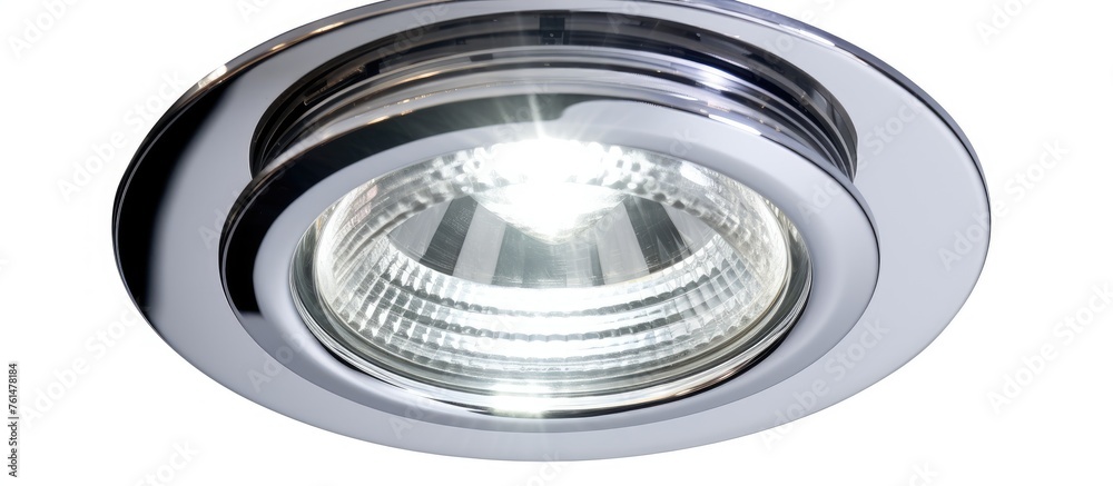 An automobile headlamp, resembling a circle, emitting a bright white light from a ceiling light fixture, showcasing automotive lighting design