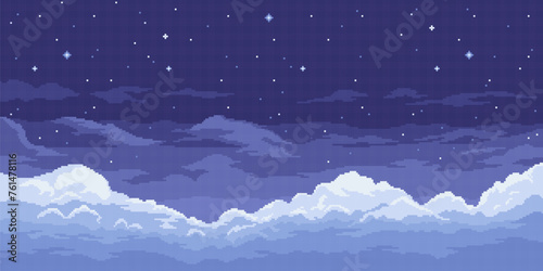 8bit pixel art night sky background, game space landscape features a dark blue canvas with scattered stars, creating a nostalgic, retro atmosphere. Vector parallax 2d heavenly gui location, wallpaper photo
