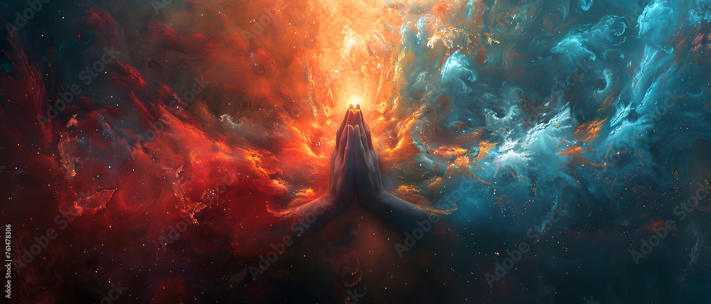 Two hands come together against a backdrop of swirling cosmic energy in red and blue hues - obrazy, fototapety, plakaty 