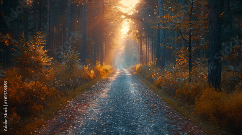 Sun Rays Filtering Through Trees on Forest Road