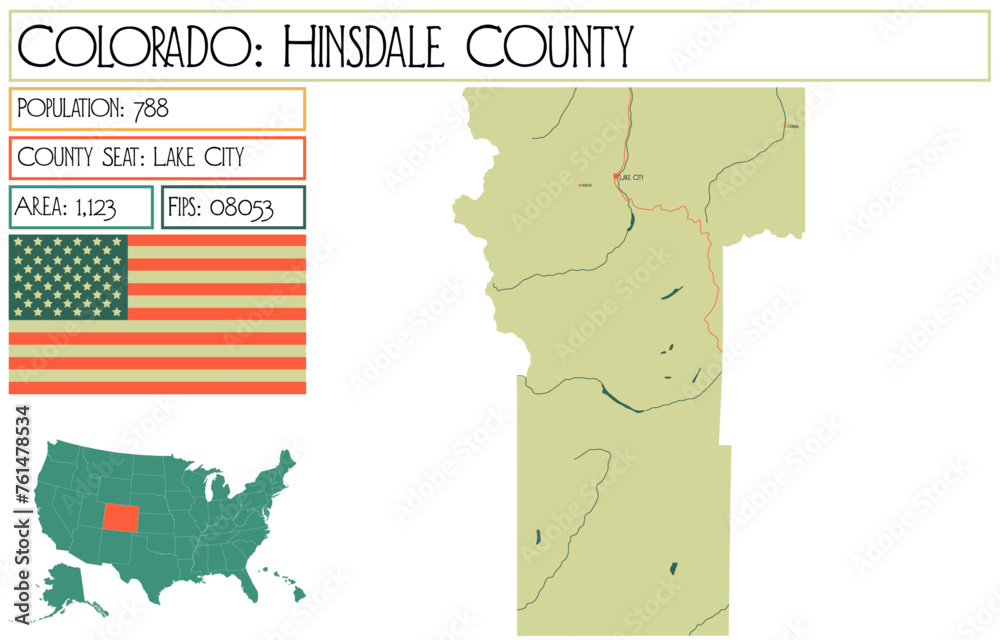 Large and detailed map of Hinsdale County in Colorado USA.