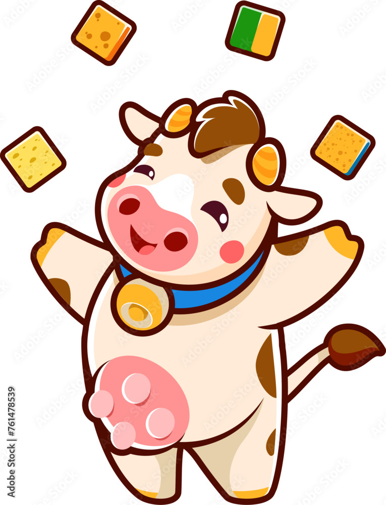 Fototapeta premium Cute cow cartoon character juggling pieces of cheese. Ox comic personage, bull baby mascot or cattle animal funny isolated vector character. Cow happy personage or or mascot playing with dairy product