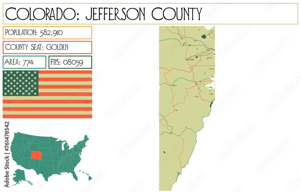 Large and detailed map of Jefferson County in Colorado USA.