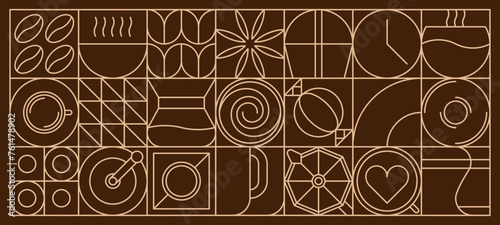 Coffee abstract modern line geometric pattern or mosaic tile, vector background. Coffee cup and moka pot with cappuccino and espresso, coffee beans and chocolate candy in geometric linear pattern