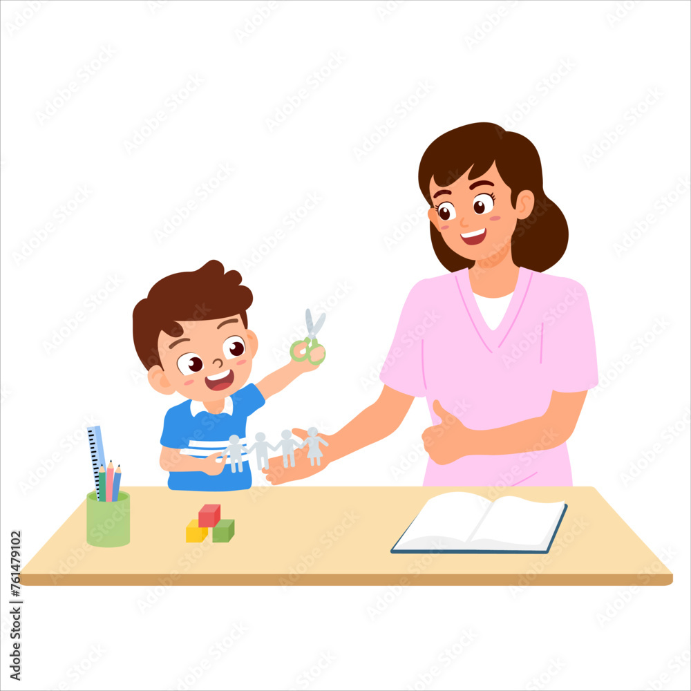 Mother teach her child to using scissors cutting paper. Creative family activity for kids to improve hand and fine motor skill for development and attention span. Mother teach her child to using scissors cutting paper. Creative family activity for kids to improve hand and fine motor skill for development and attention span.
