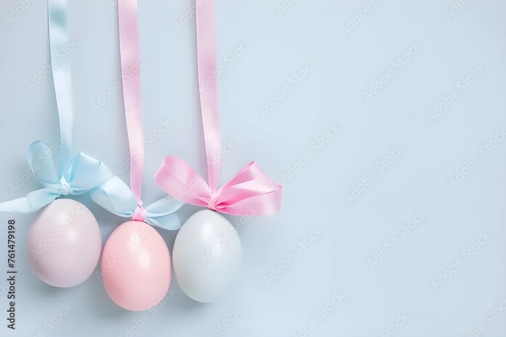 Delicate pastel Easter eggs dangle from ribbons, tied with elegant bows against a serene backdrop, embodying the graceful essence of the holiday's cherished traditions.