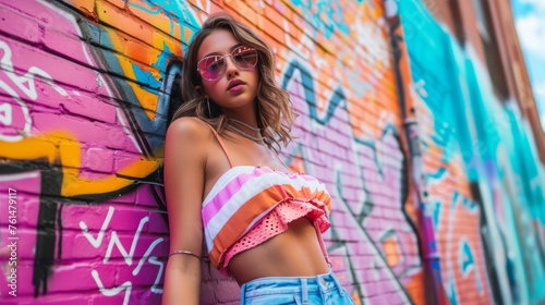 A young influencer creating content for her social media platform, posing with stylish outfits and accessories against a colorful graffiti wall in an urban alleyway