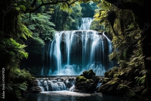 Waterfall in deep forest surrounded by jungle