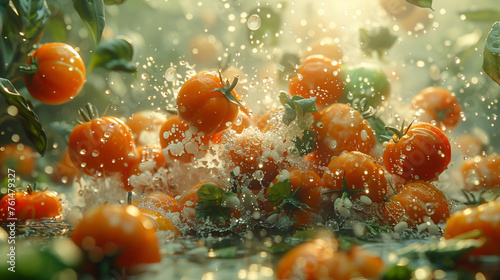 A bunch of oranges and tomatoes are falling into a pool of water and some are splashing water. The scene is lively and playful.