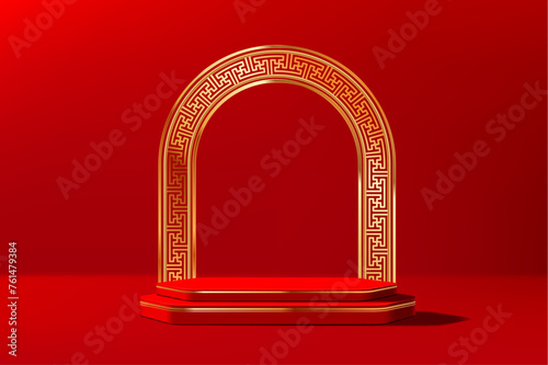 Red luxury Chinese podium stage with golden pattern arch for product display, vector background. Asian gold arch with Chinese pattern for premium product podium with red velvet pedestal in gold frame