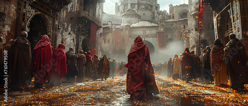 An atmospheric scene depicting a festive procession in an ancient city, curated with a sense of tradition, culture, and solemn celebration photo