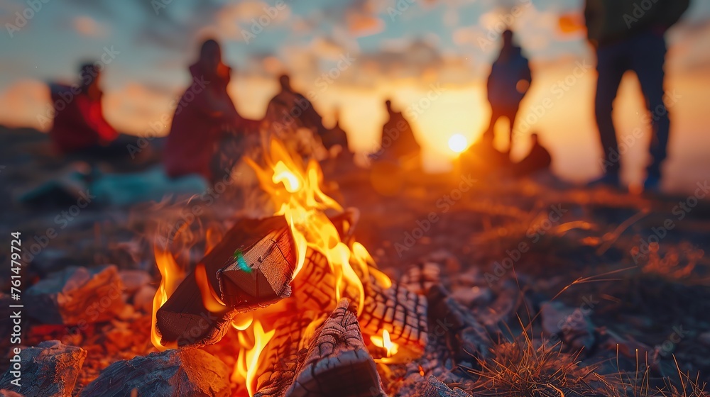 Happy young people tourists sit and chat in the summer, have fun at sunset by the fire on a camping trip. Hiking romance