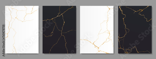 Golden Kintsugi cracks and floor marble tile texture patterns, vector backgrounds. Broken marble with gold foil effect of crackles in black and white stone, Kintsugi or Kintsukuroi ceramic cracks art