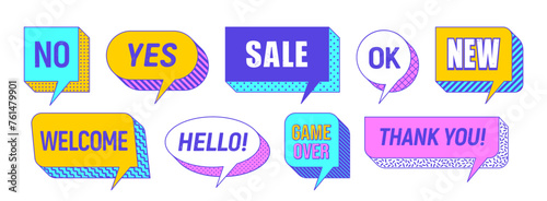 Memphis speech bubbles and message box cloud frames, vector stickers and labels. Chat speech bubbles with Memphis shapes and geometric pattern for Sale, Game Over or Hello and Thank You message clouds