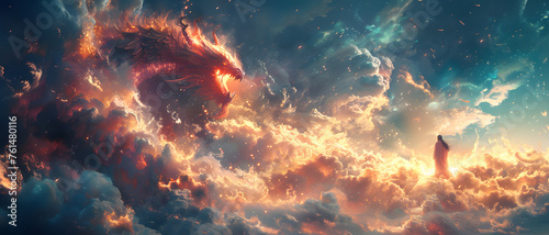An enigmatic person stands facing a colossal fiery dragon amidst a tumultuous sky ablaze with clouds and embers