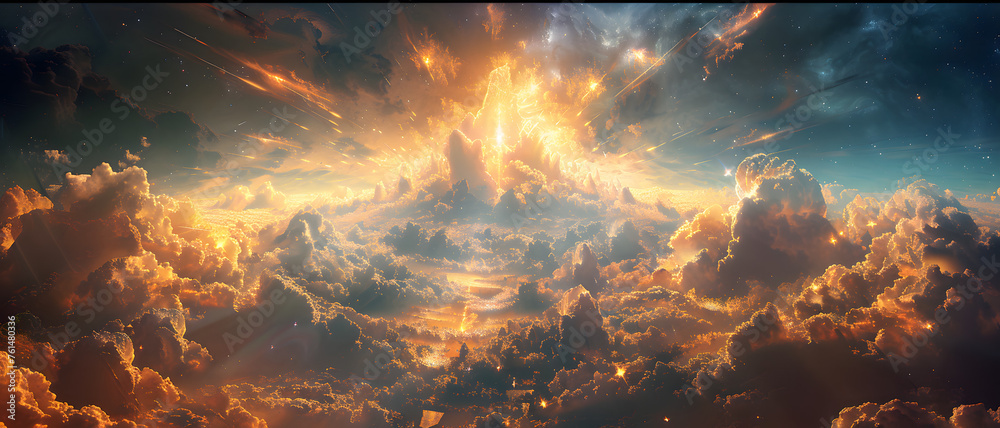 A celestial cloudscape radiates with a central explosion of cosmic ...