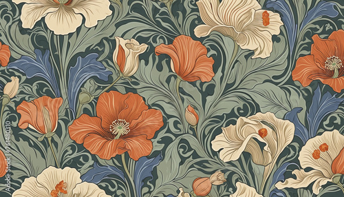 Vintage floral pattern inspired by Art Nouveau, featuring sinuous lines and graceful poppies and irises in muted, earthy tones